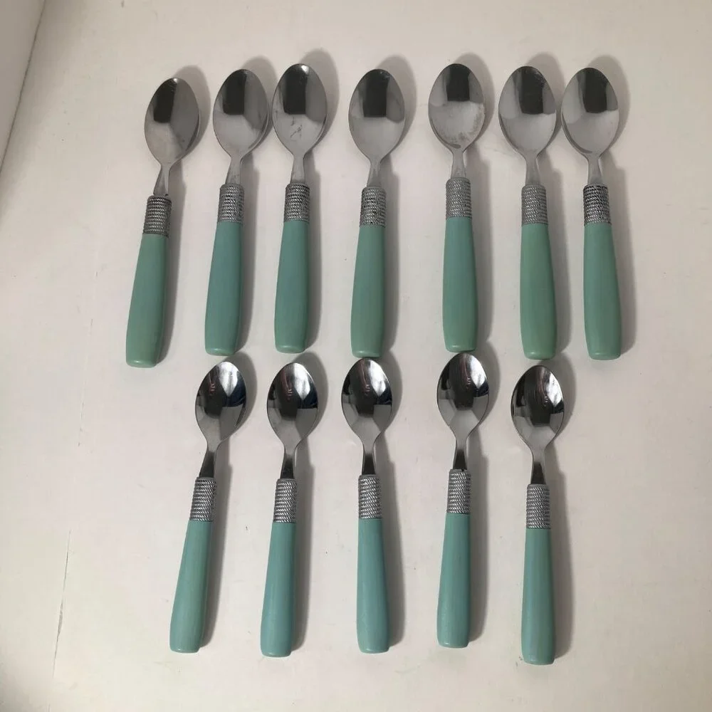 Vintage Cambridge Dinner Spoons Green Stainless Flatware Plastic Handle 7 TBS, 5